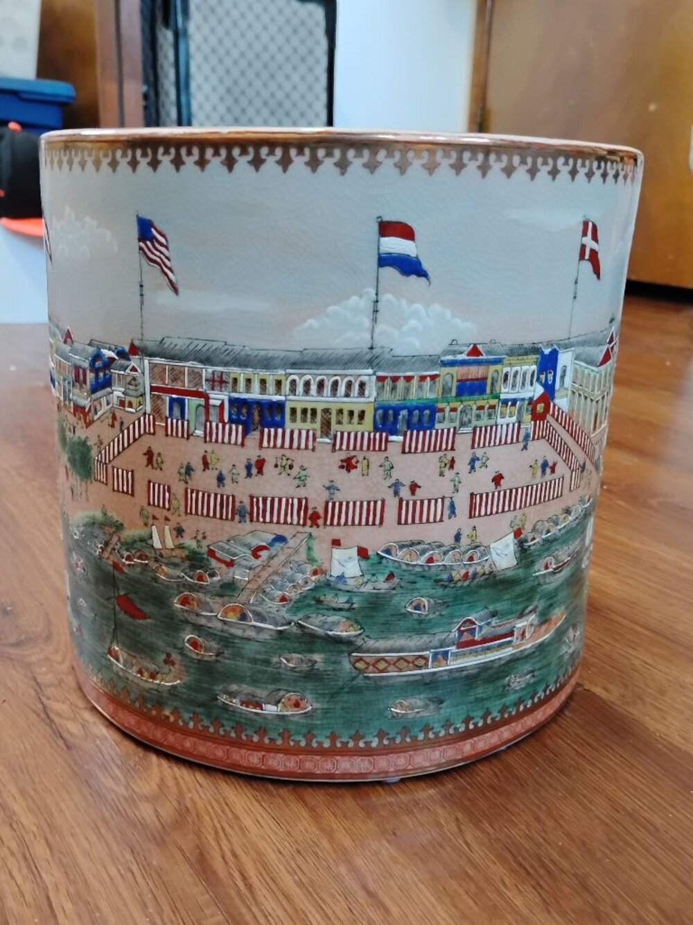 Vintage United Wilson Crackle-Glaze Porcelain Hand Painted Harbor Scene Vase